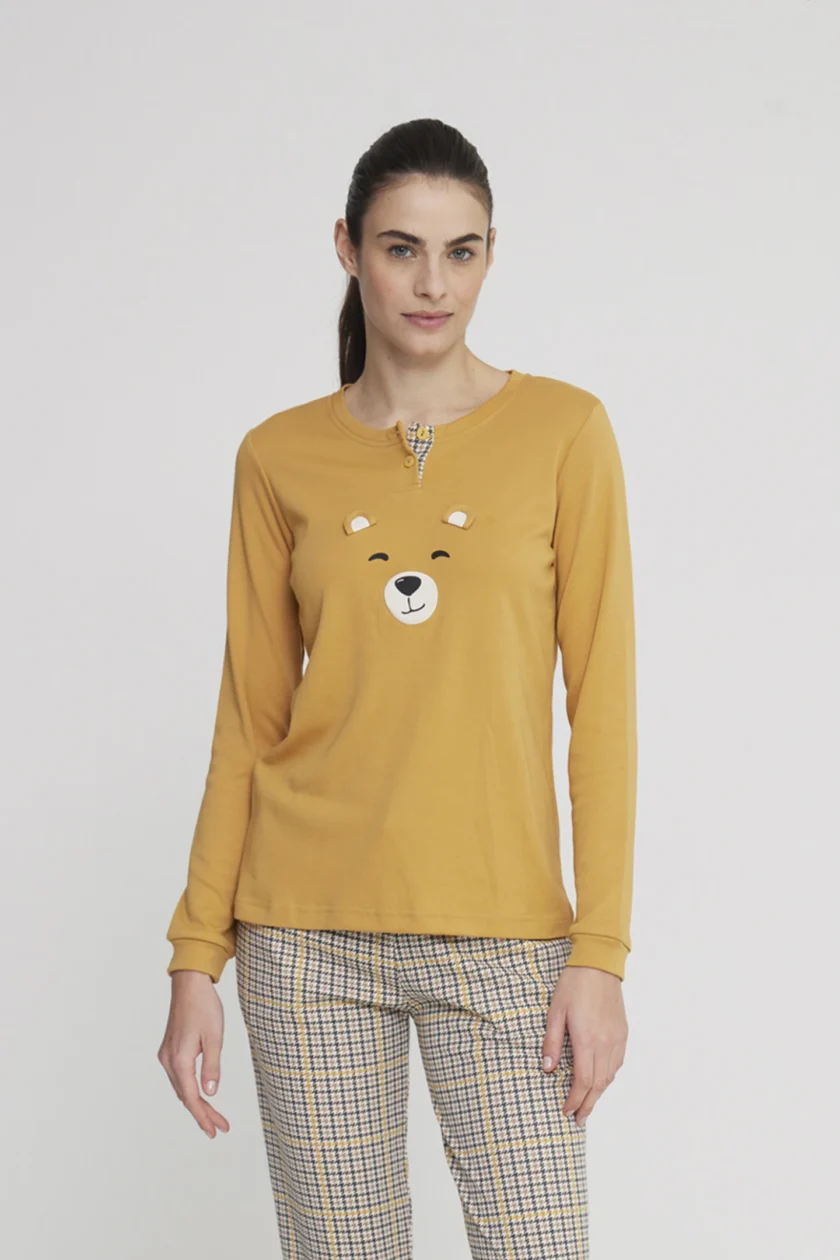 Pigiama donna bear in caldo cotone con collo due bottoni FA8780 giallo - immagine 2