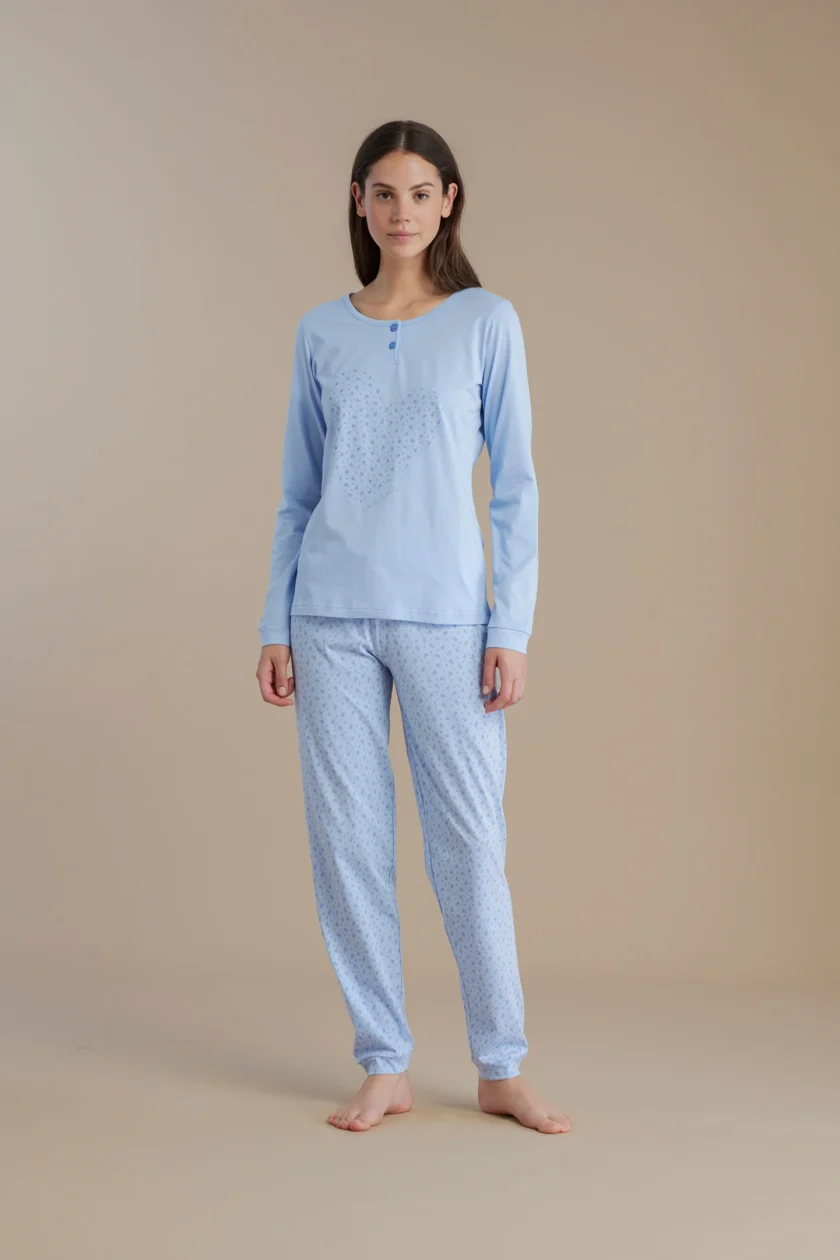 Pigiama donna in cotone con top collo due bottoni e pantalone lungo little flower FA9006 azzurro