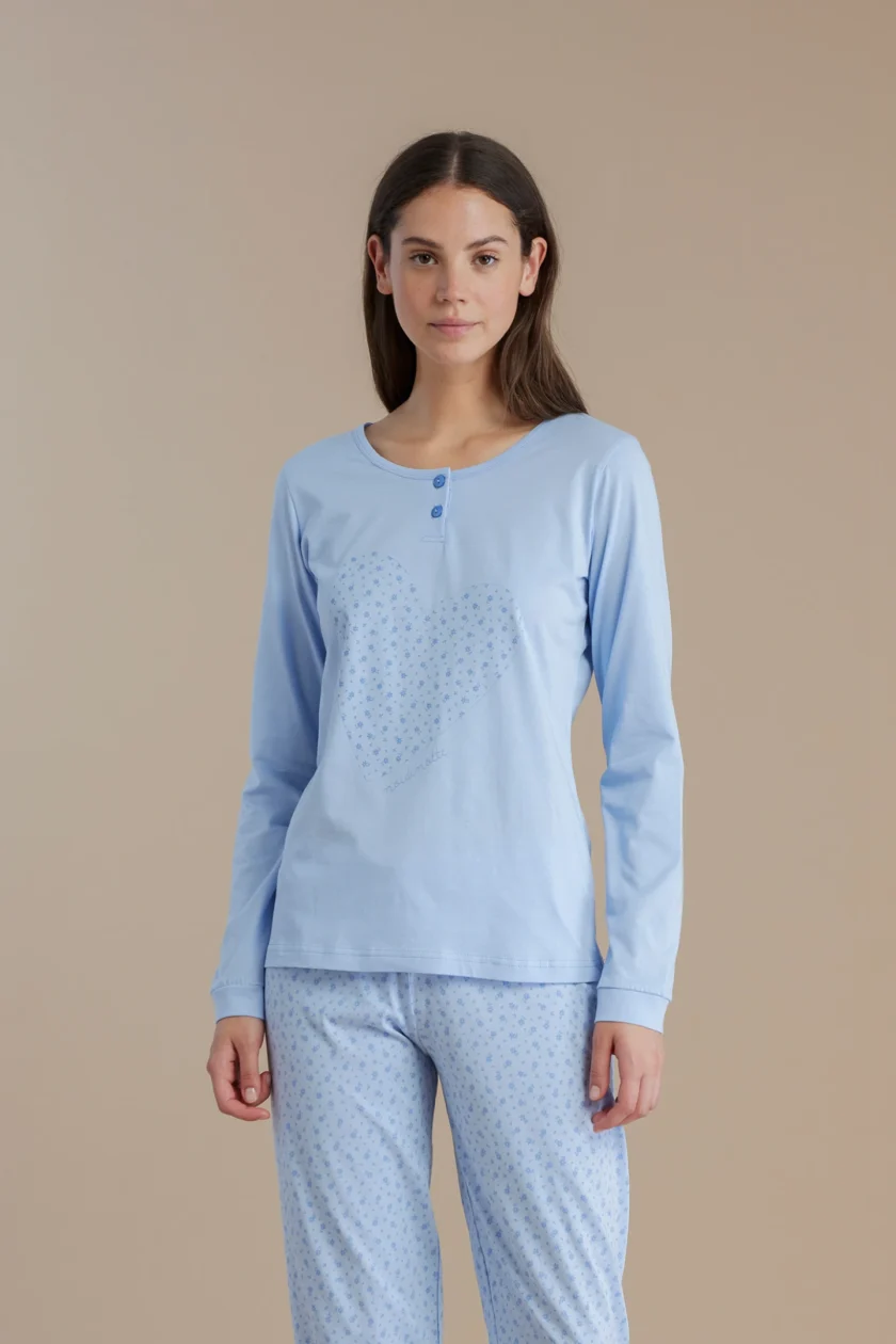 Pigiama donna in cotone con top collo due bottoni e pantalone lungo little flower FA9006 azzurro - immagine 2