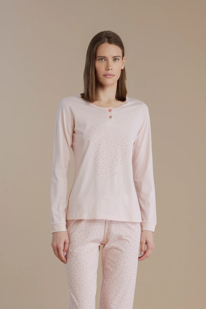 Pigiama donna in cotone con top collo due bottoni e pantalone lungo little flower FA9006 rosa - immagine 2