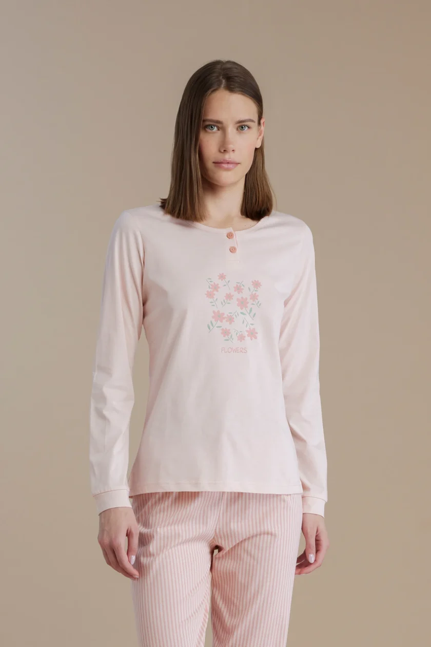 Pigiama donna in cotone top con collo due bottoni e pantalone lungo little flower FA9019 rosa - immagine 4