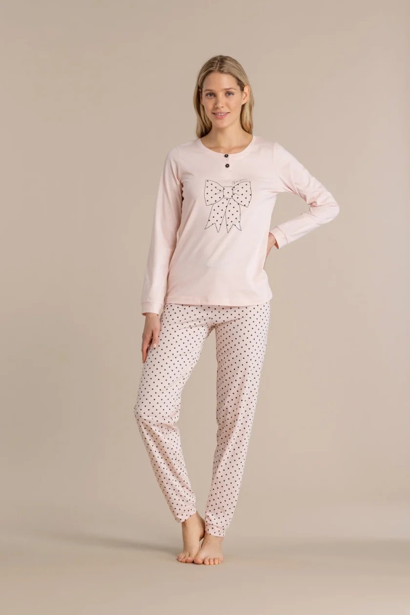 Pigiama donna in cotone top con collo due bottoni e pantalone lungo pois FA9016 rosa