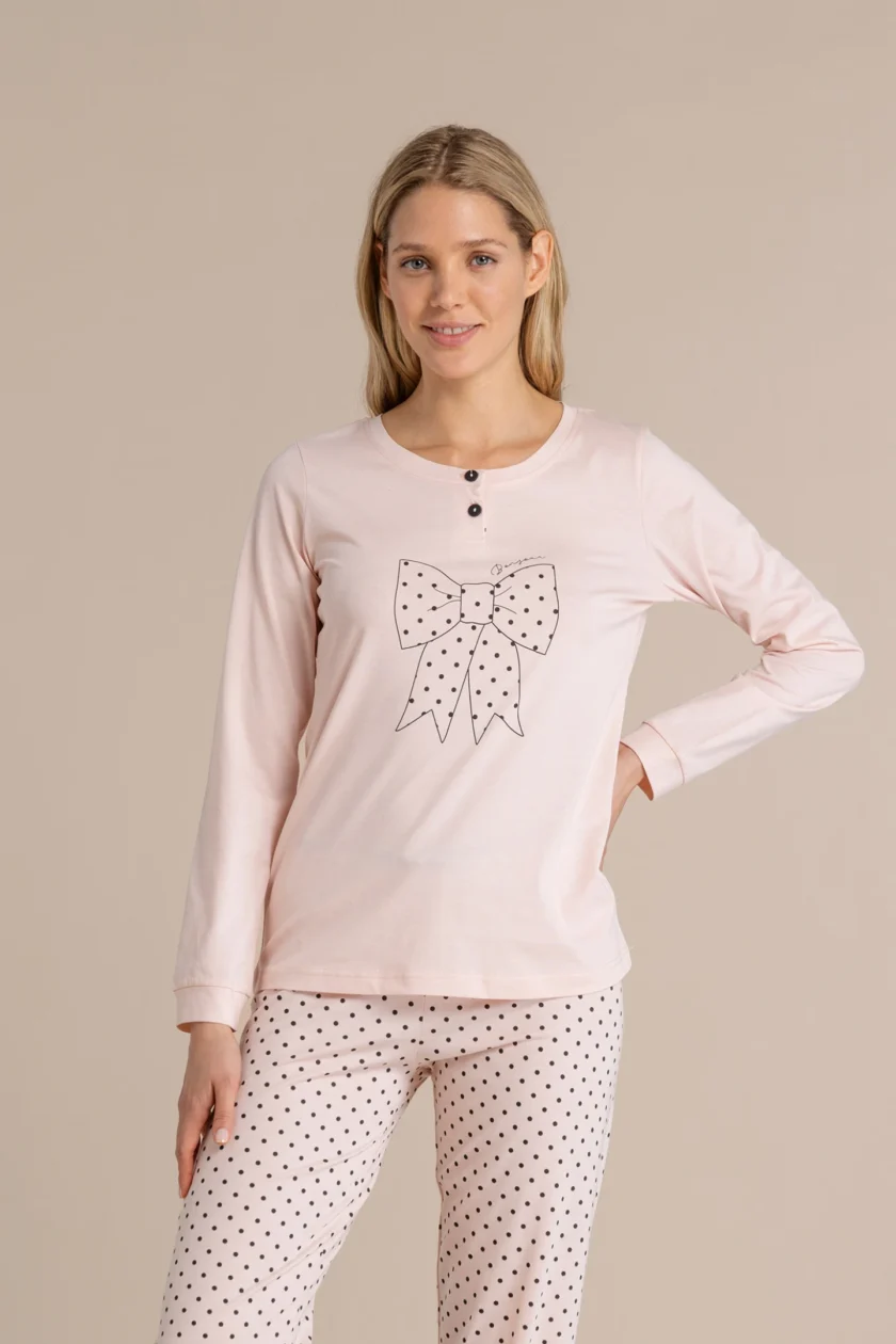 Pigiama donna in cotone top con collo due bottoni e pantalone lungo pois FA9016 rosa - immagine 2