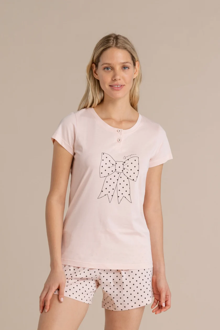 Pigiama donna in cotone top manica corta con collo due bottoni e pantalone corto pois FA9075 rosa