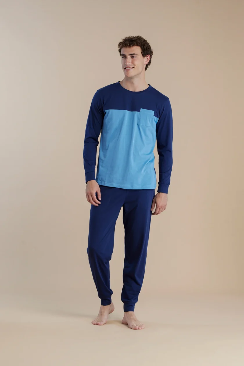 Pigiama uomo in cotone con top manica lunga e pantalone lungo easy FC3034 blu